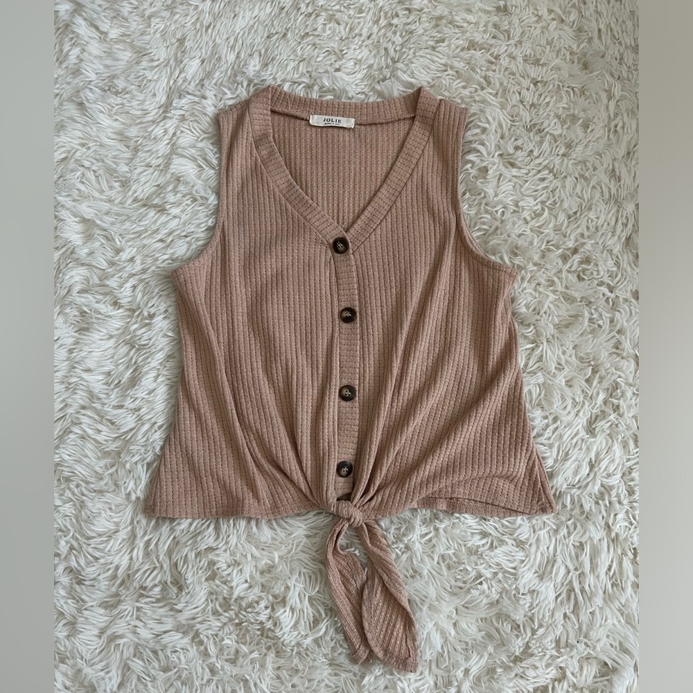 Jolie Tan Ribbed Button Up Tank Top